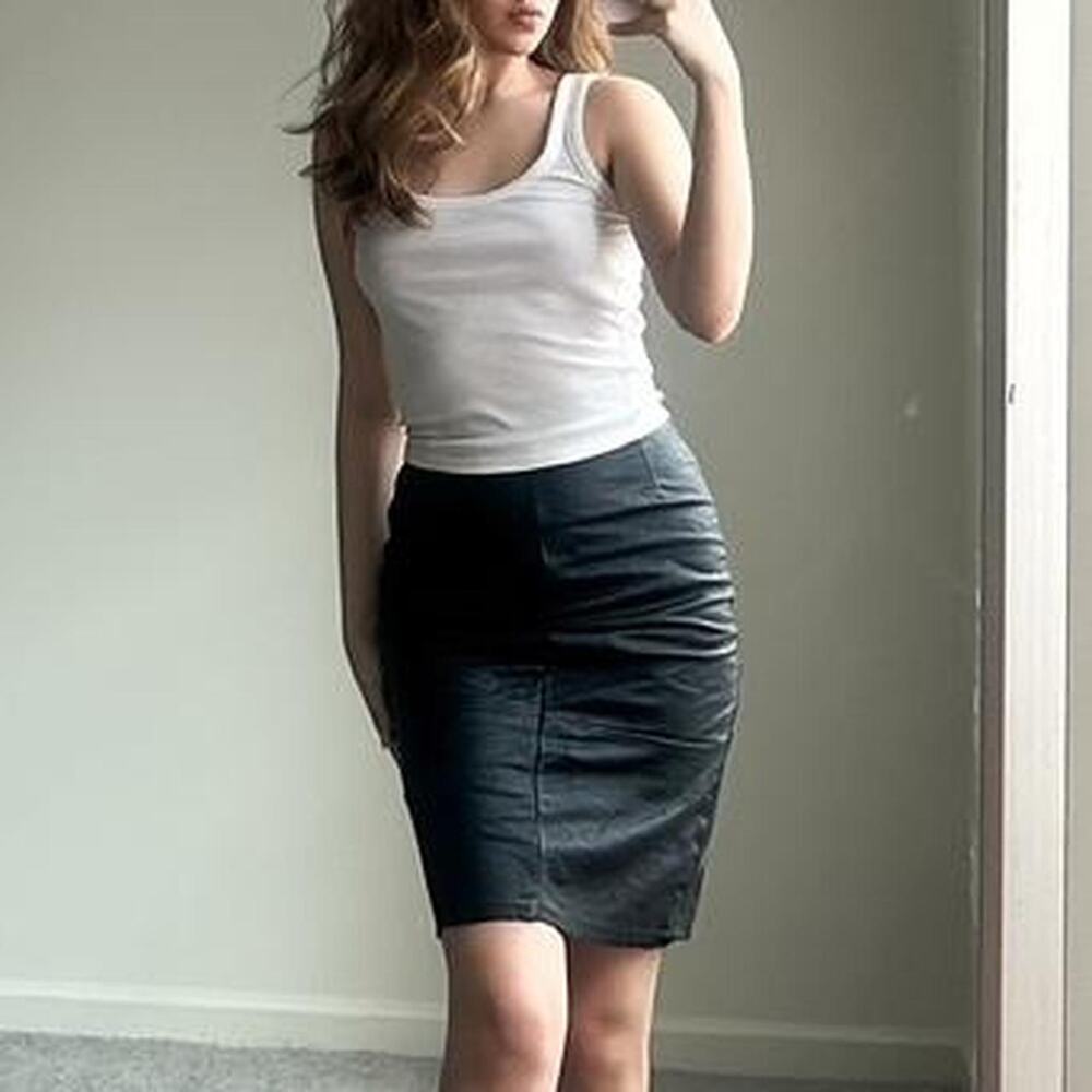 vintage high rise black leather midi skirt
